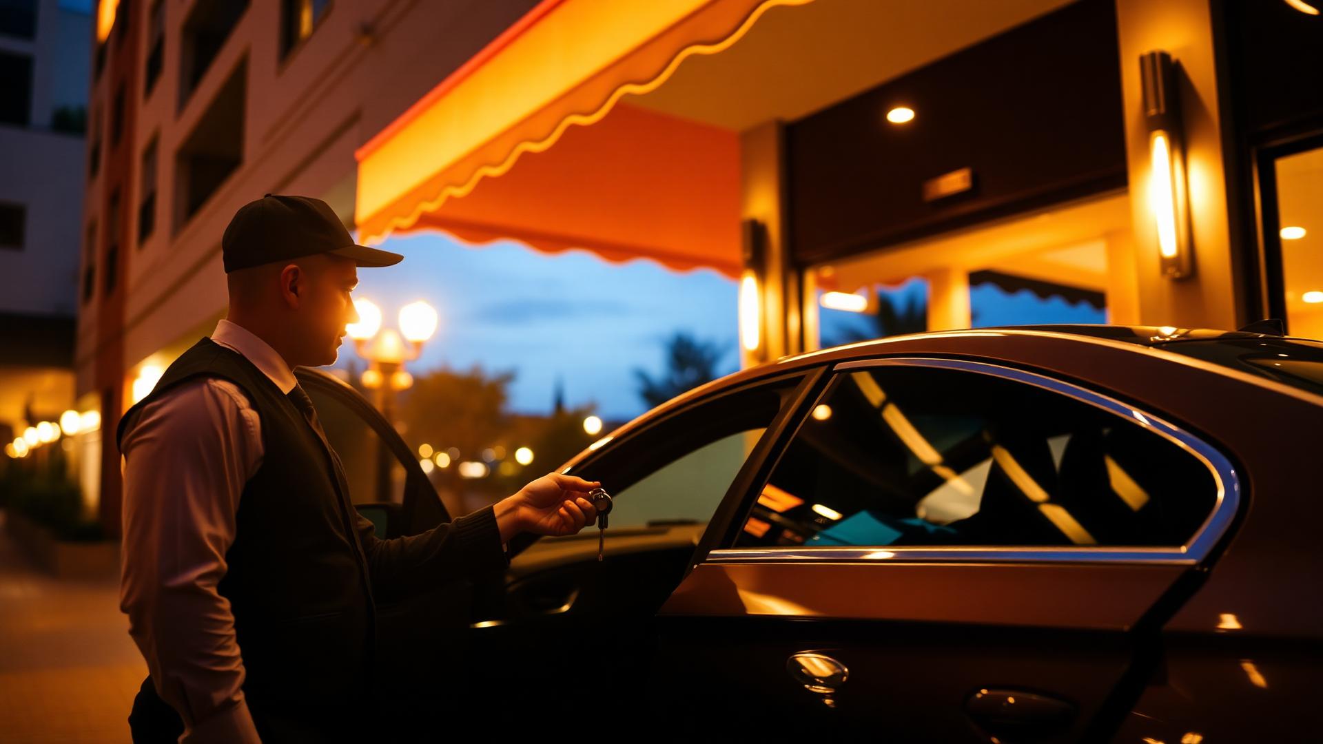 Valet attendant handing keys to a guest at an entrance in the evening